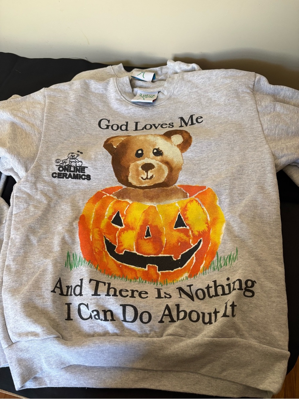 Online Ceramics 'God Loves Me' Gray Graphic Sweatshirt super rare